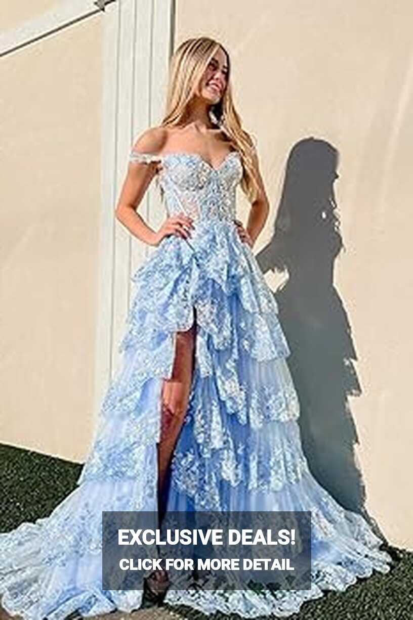 Amazon.com: Off The Shoulder Tiered Lace Prom Dresses Sparkly ...