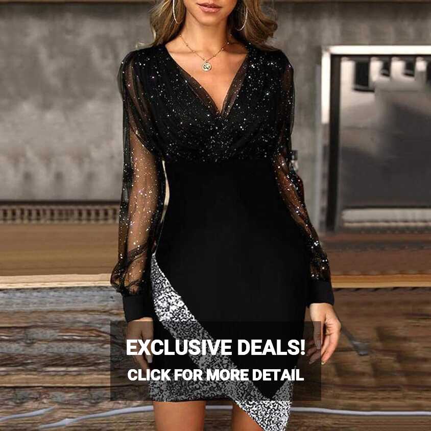 Amazon.com: Sequin Dress for Women, Sexy Long Sleeve V Neck ...