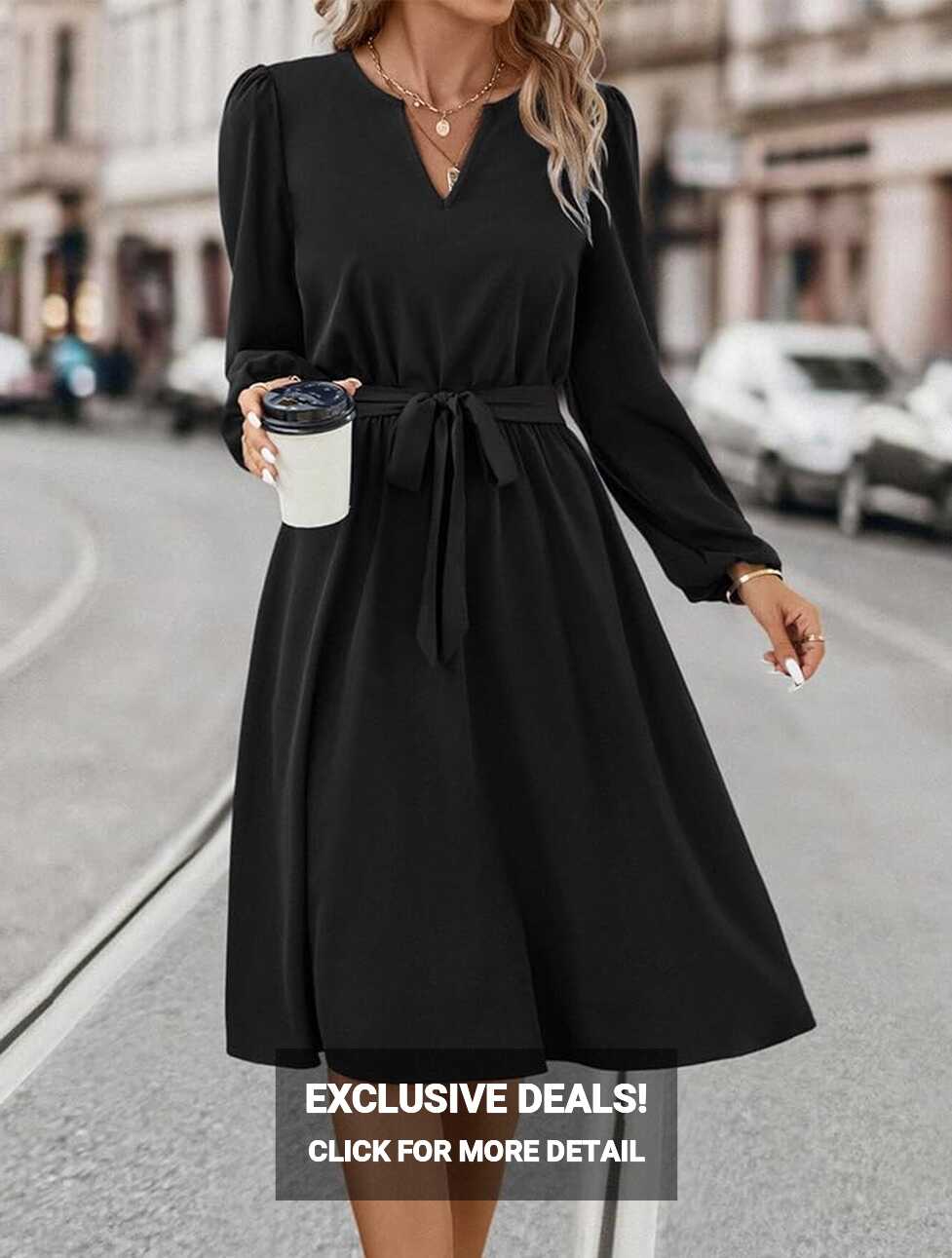 Amazon.com: Solid Color Split V Neck Long Sleeve Classic Dress ...