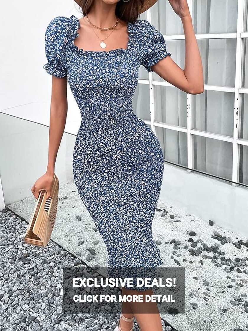 Amazon.com: Summer Casual Dresses for Women Floral Puff Sleeve ...