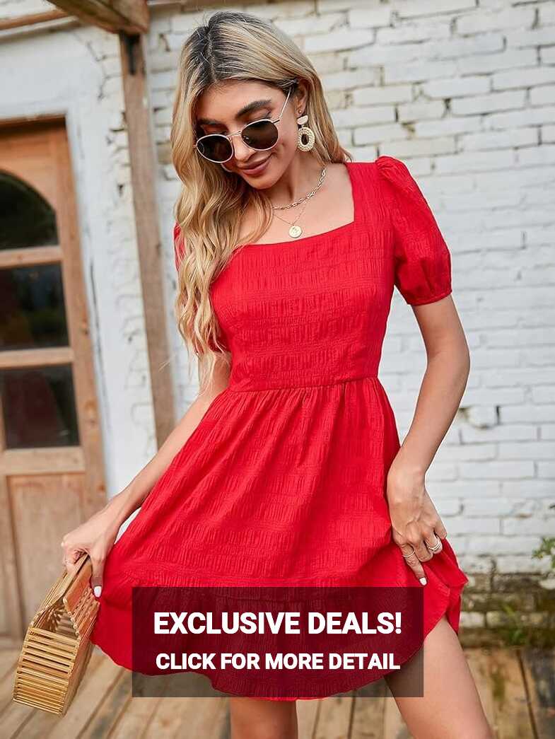 Amazon.com: Summer Dress for Women Short Sleeve Round Neck Puff ...