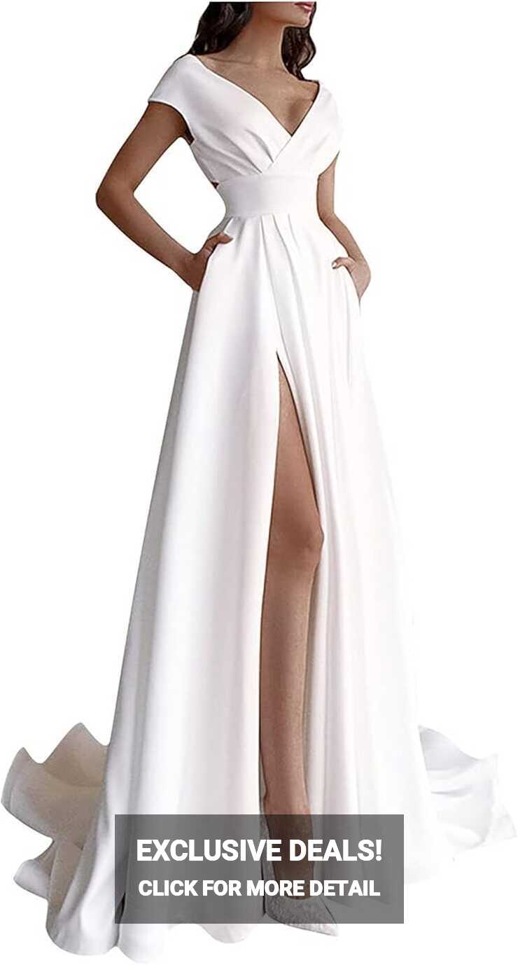 Amazon.com: White Dress for Women Wedding Guest Party Sexy V Neck ...