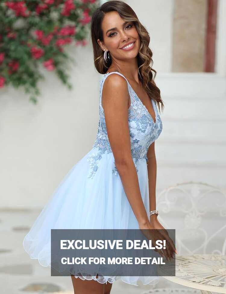 Amazon.com: Women&#39;s Cute Homecoming Dress Sky Blue V Neck A Line ...