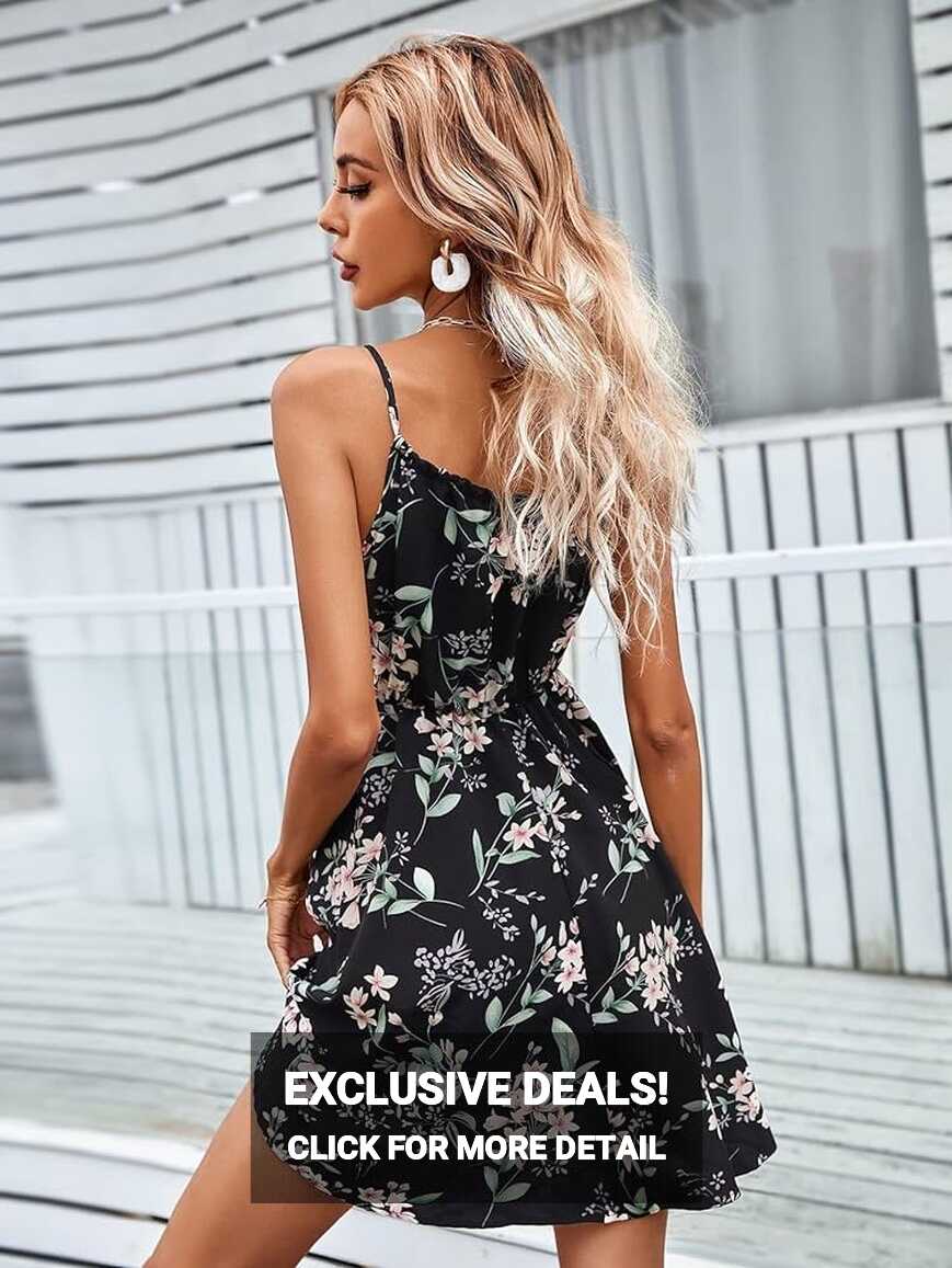 Amazon.com: Women&#39;s Dresses Black Floral Print Sleeveless Tie ...