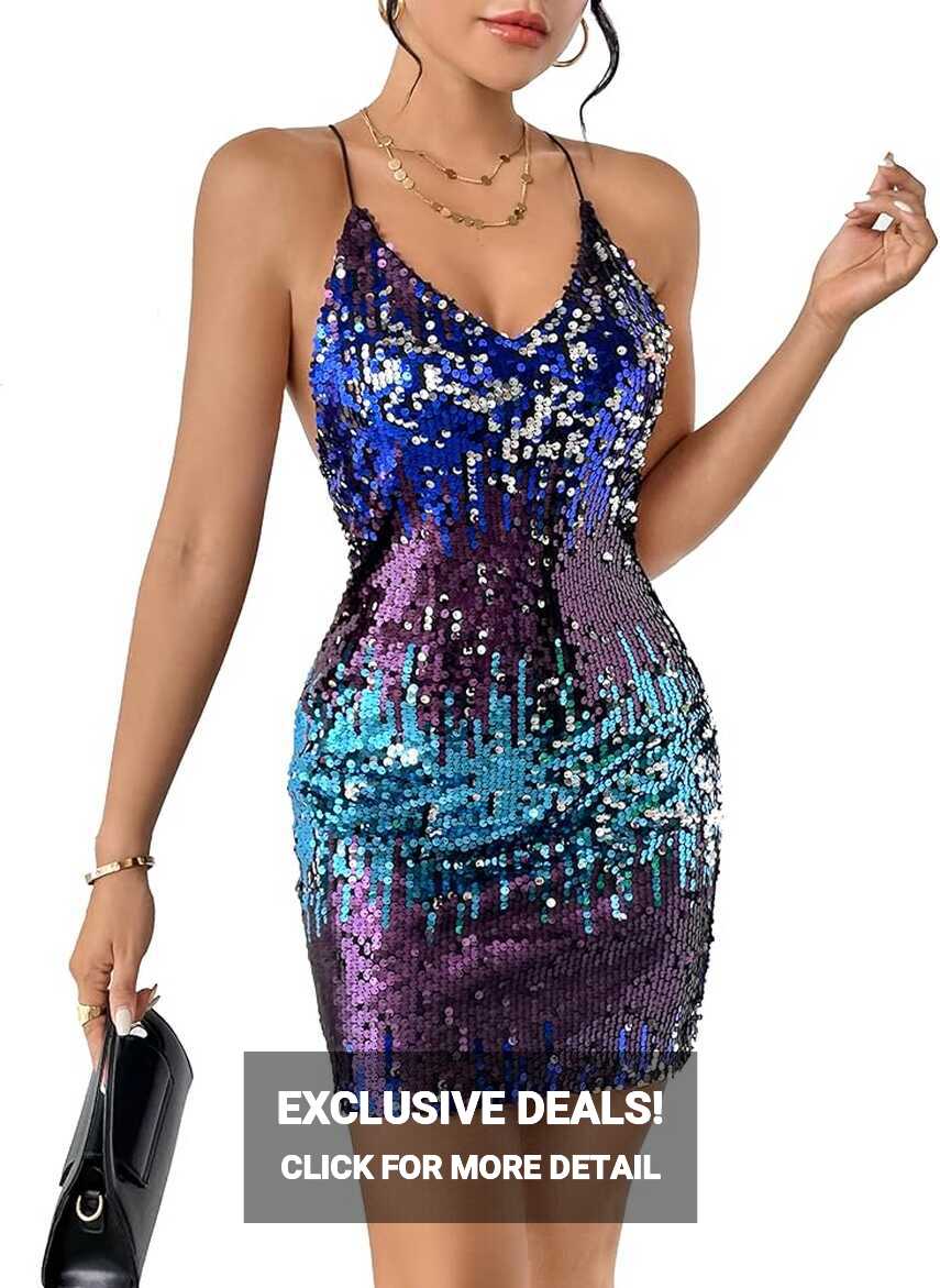 Amazon.com: Women&#39;s Glitter Sequin Dress Spaghetti Strap Open Back ...