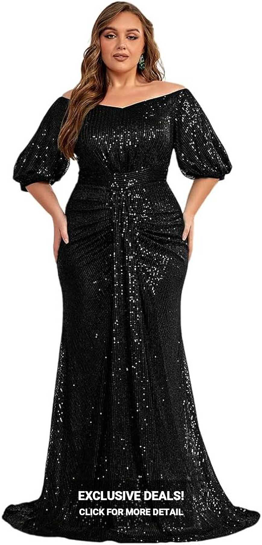 Amazon.com: Women&#39;s Plus Size Off Shoulder Puff Sleeve Sequin ...