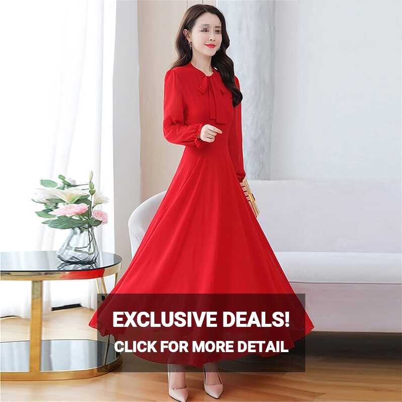 Amazon.com: Women Autumn Casual Midi Dress Chiffon Red Long Sleeve ...