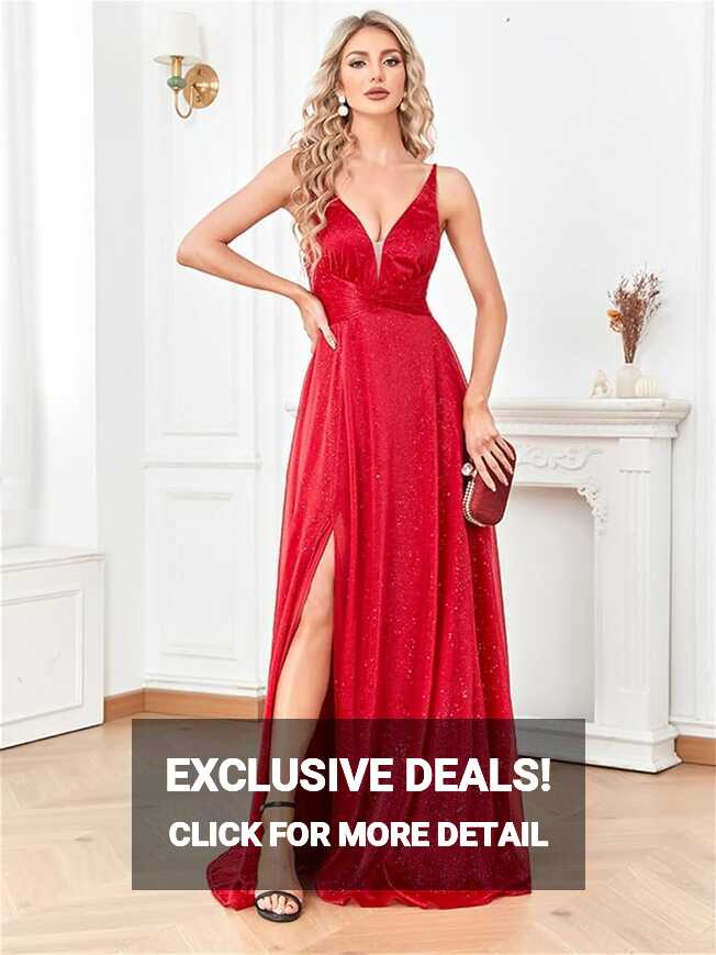 Amazon.com: Women Elegant Red Shining Formal Evening Dress Sexy ...