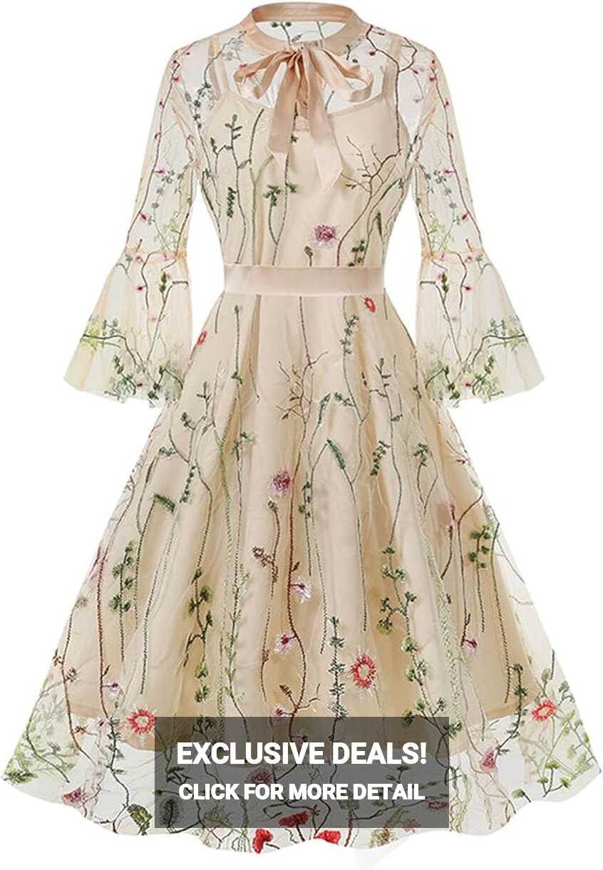 Amazon.com: Women Floral Embroidery Dress Sheer Mesh Vintage ...