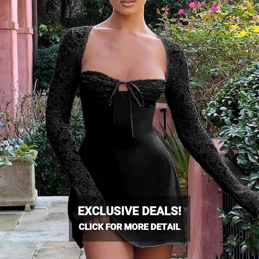 Amazon.com: Women Low Cut Mini Sexy Dress Lace Long Sleeve Tie-Up ...