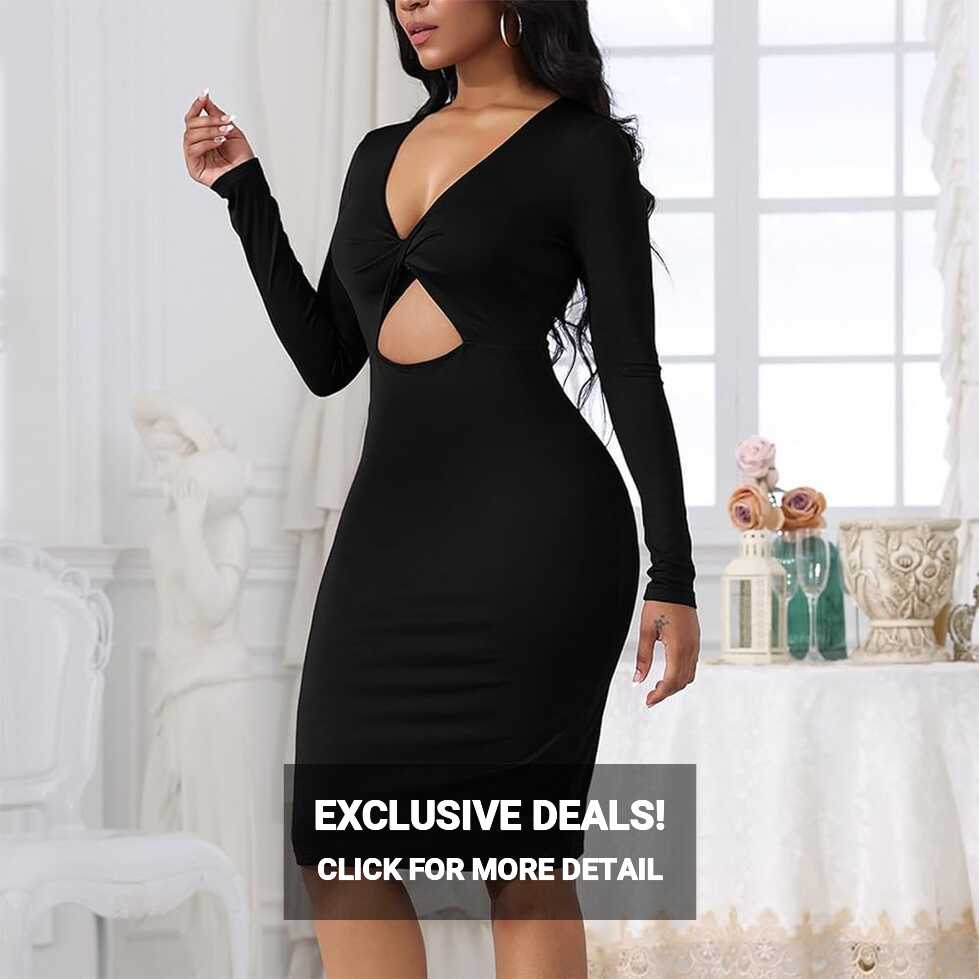 Amazon.com: Women Sexy Bodycon Dress Ladies V Neck Long Sleeves ...