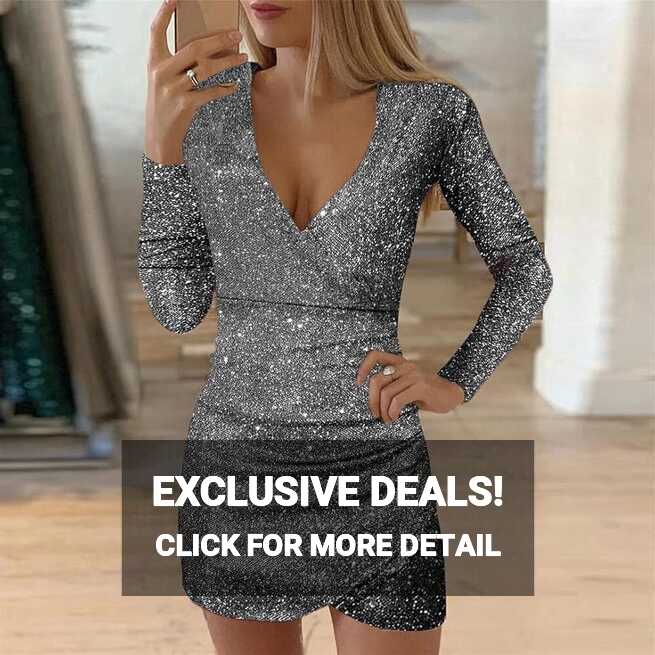 Amazon.com: Women Sexy Sequin Dress Long Sleeve Glitter Dresses ...