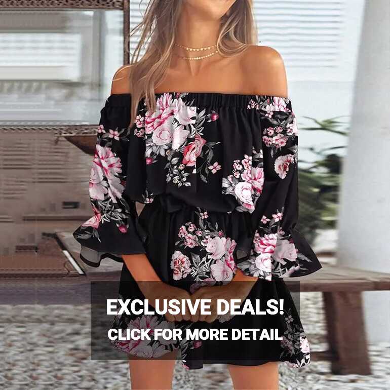 Amazon.com: Women Summer Dresses Off Shoulder Ruffles Floral Tunic ...