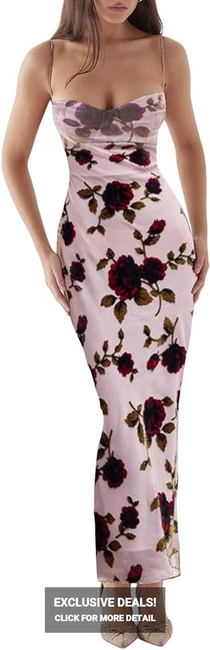 Amazon.com: Women Summer Long Dress Spaghetti Strap Floral Print ...