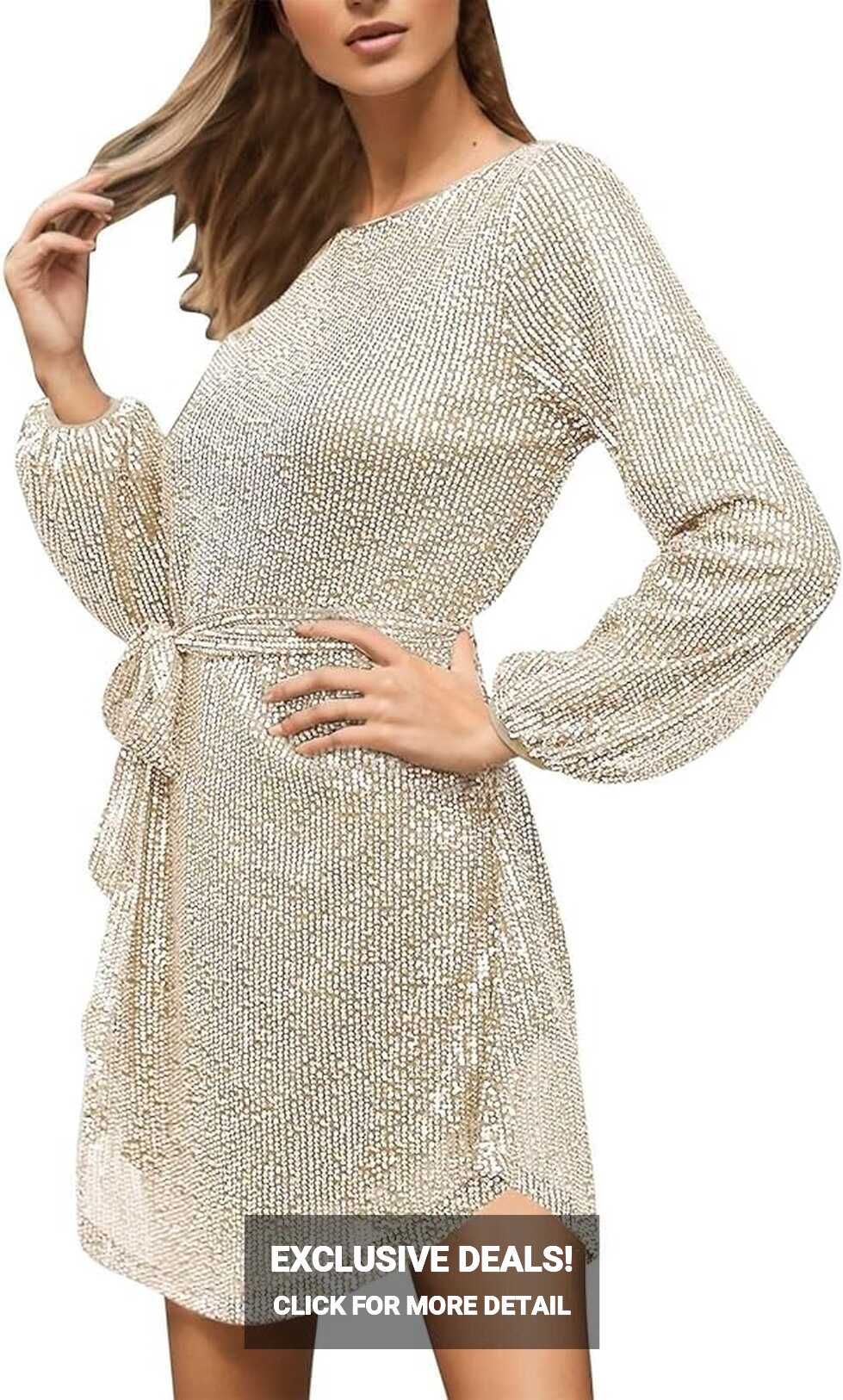 Amazon.com: Womens Long Sleeve Sequin Cocktail Dress with Belt ...