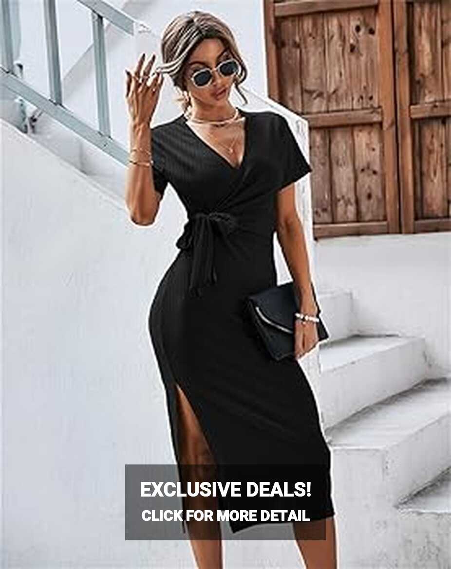 Amazon.com: Womens Wrap Knit Casual Dress, Short Sleeve Elegant V ...