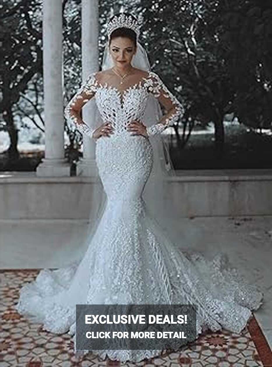 Amazon.com: luolandi Sparkly Lace Wedding Dress Mermaid Illusion ...