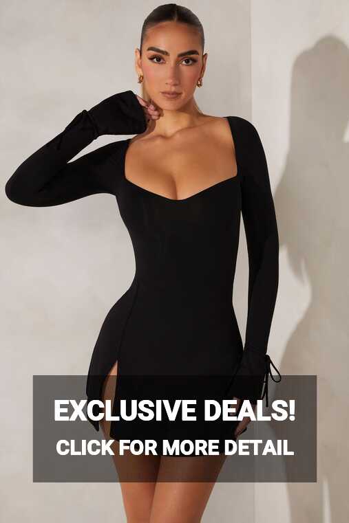 Amryn Long Sleeve Sweetheart Neckline Mini Dress in Black | Oh Polly