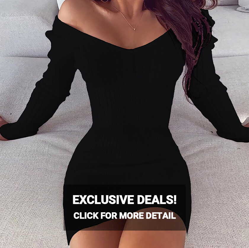 Amzcrzy Women&#39;S V-Neck Long Sleeve Bodycon Dress Sexy Solid Sheath ...