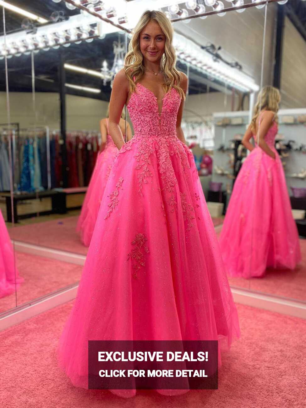 Angelina Pink V Neck A Line Lace Glitter Tulle Long Prom Dress ...