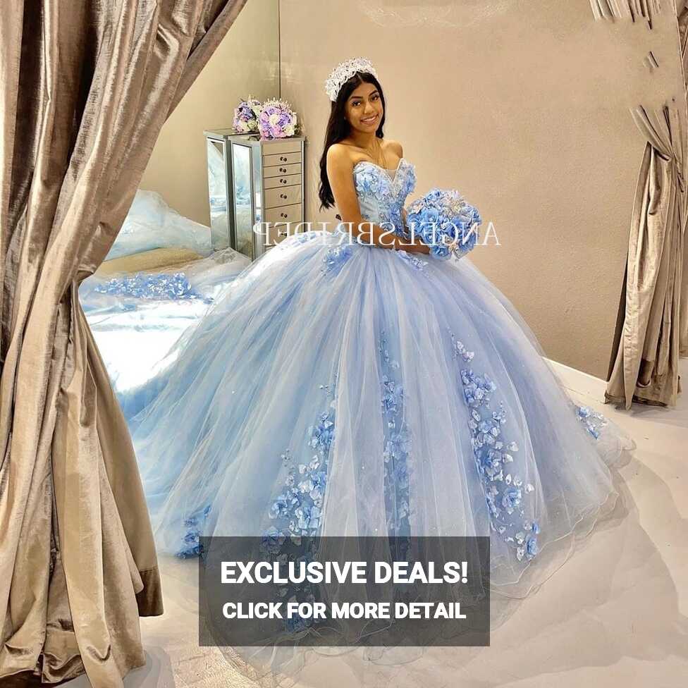 Angelsbridep Light Blue Handmade Flowers Ruffle Ball Gown 15 Year ...