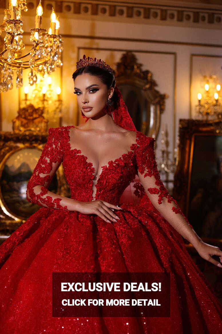 Arabic Luxury Red Lace Wedding Dress Long Sleeves Sparkly Sequin ...