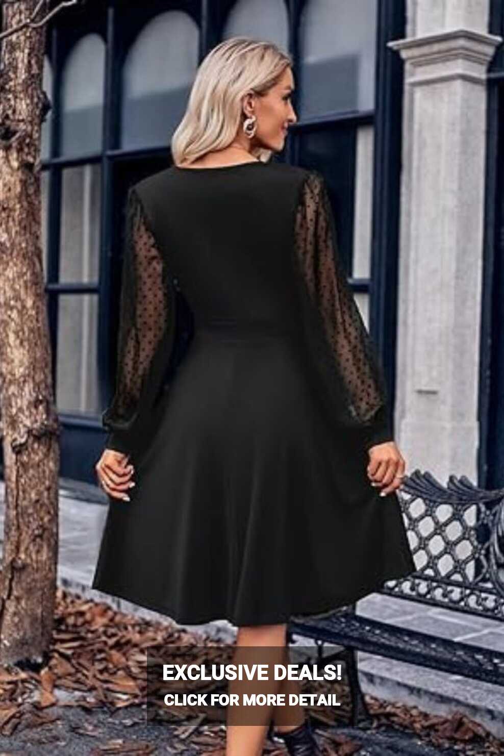 Arden Black Short Evening Dress, A-line, V-neck Long Sleeve Tulle ...