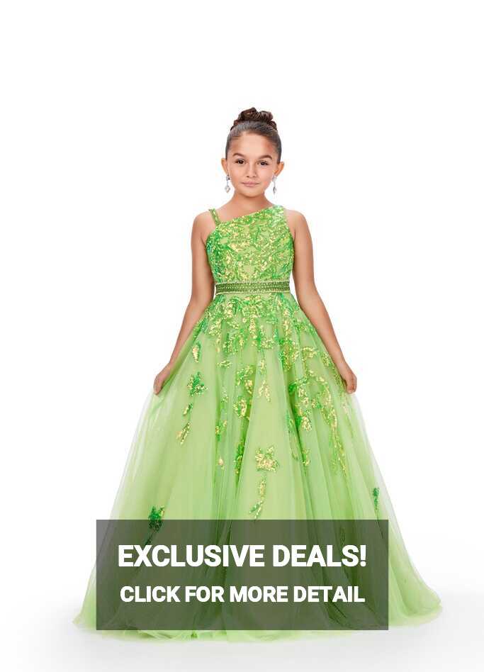 Ashley Lauren Kids 8240 Size 6 Neon Green Girls Long Tulle Sequin ...