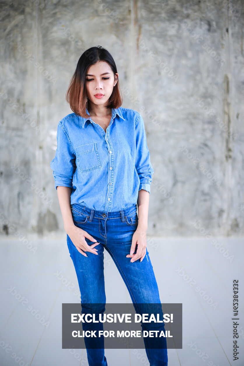 Asian woman casual outfits standing in jeans and blue denim shirt ...