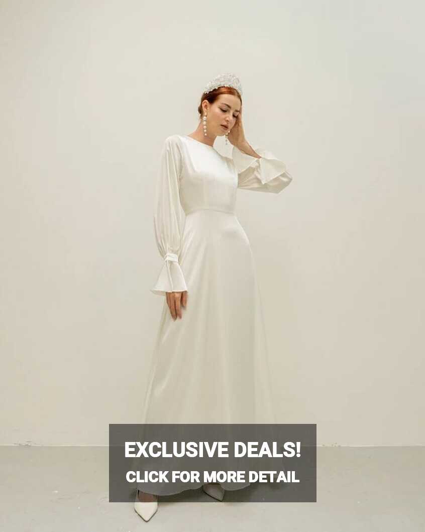 Aspen Cream White Floor Length Dress / Long Sleeves Satin Wedding ...