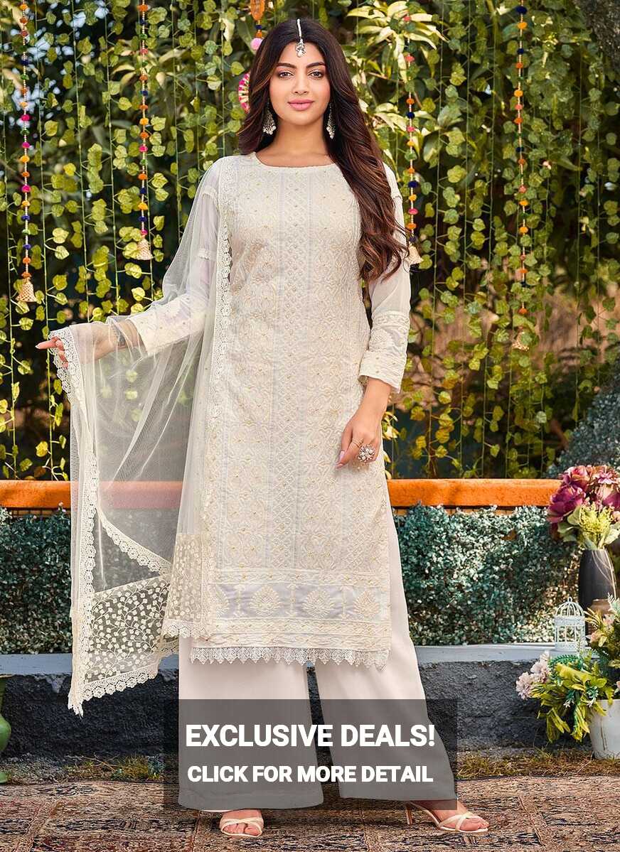 Attractive Embroidered Faux Georgette White Trendy Salwar Kameez