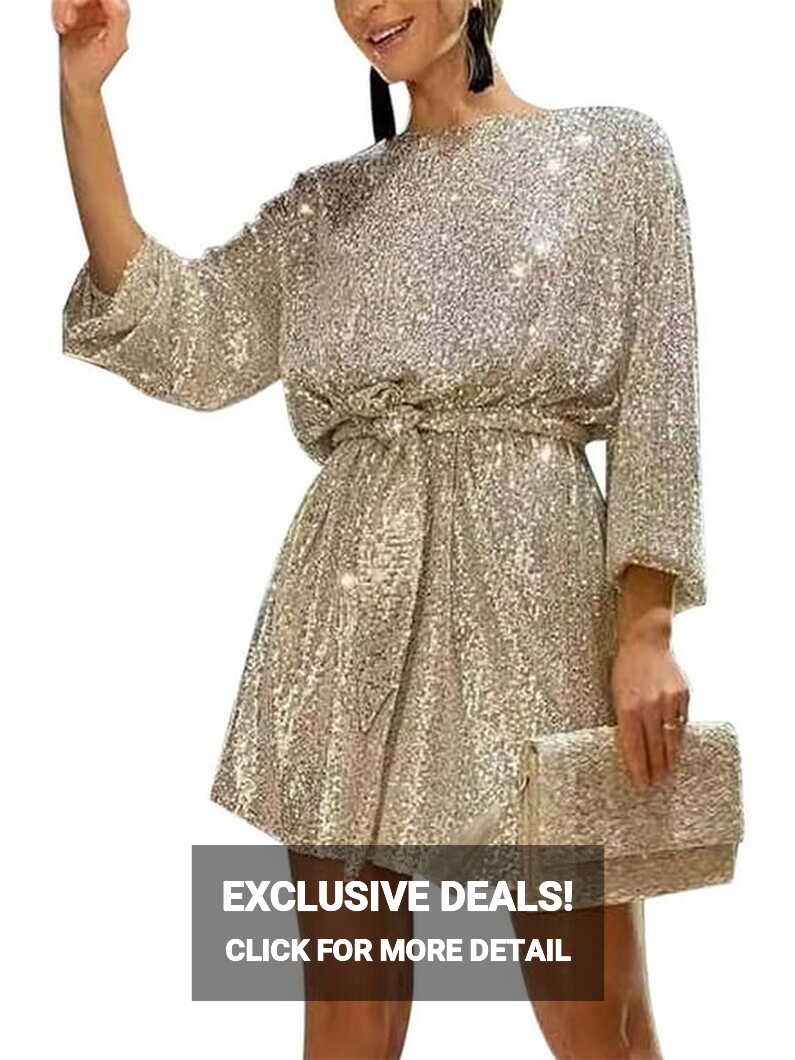 Aunavey Women Long Sleeve Sequins Glitter Dress Party Sparkle ...