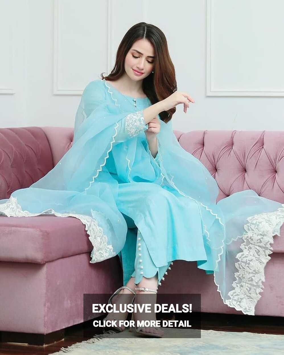 Auspicious Sky Blue Plain Rayon Cotton Salwar Suits With Organza ...