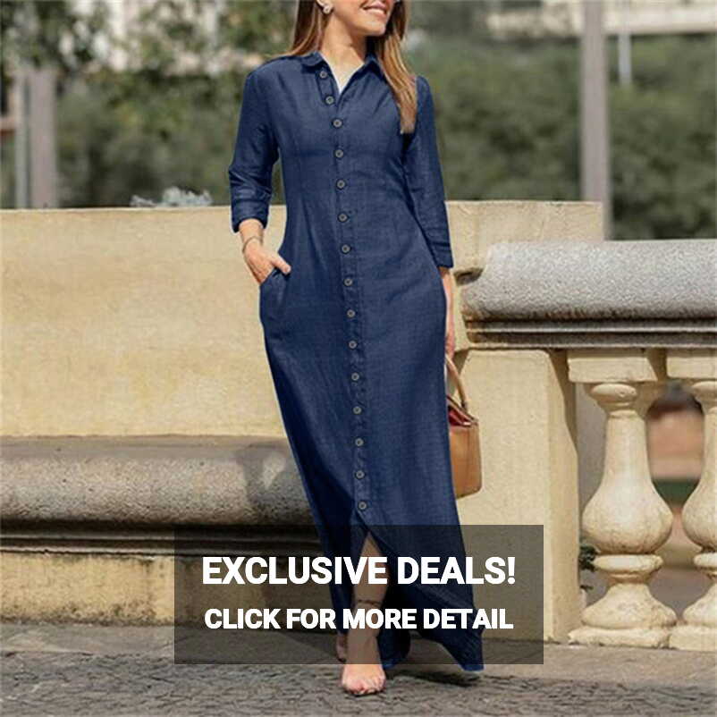 BEBUTTON Womens Summer Casual Solid Shirt Dress V-Neck Long Sleeve ...