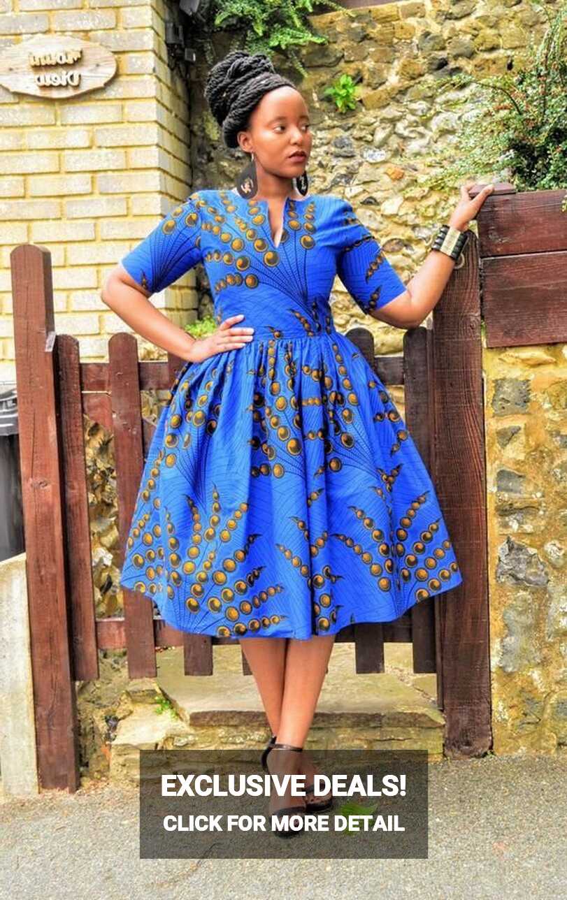 BINA full African print dress in a vibrant blue with cut out at ...