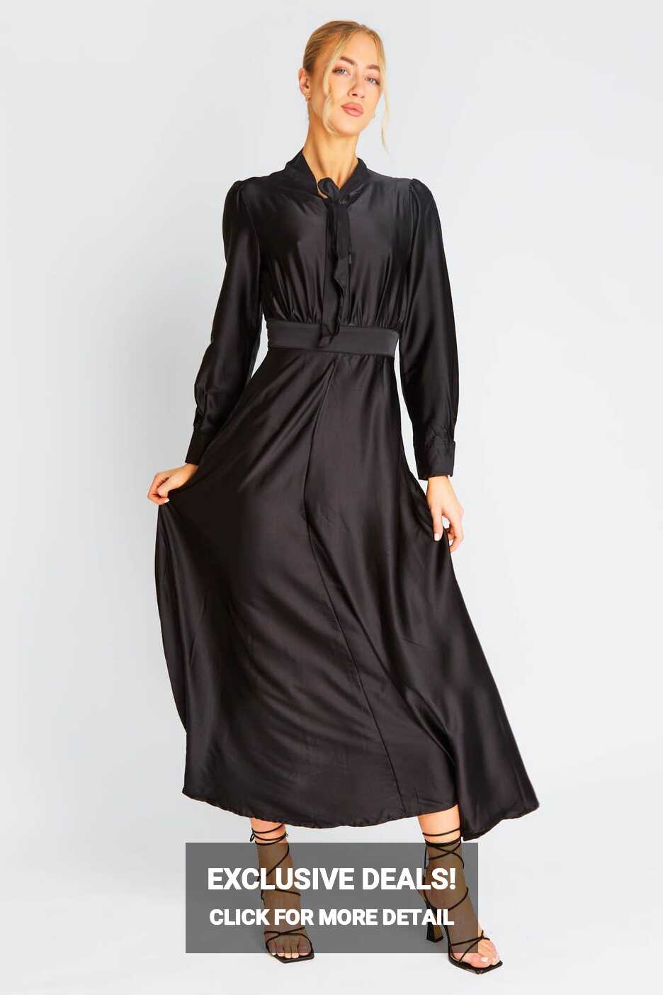 BLACK Satin maxi dress with neck tie | Womens Dresses | Select Fashion