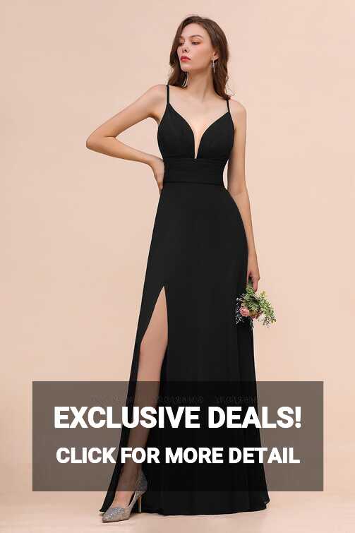 BMbridal Affordable Spaghetti Straps Slit Long Black Bridesmaid ...