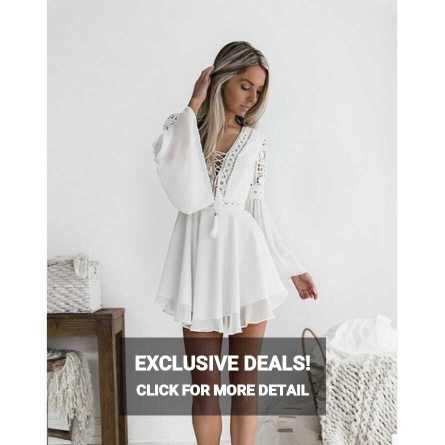 BOHO White Lace V Neck Mini Dress