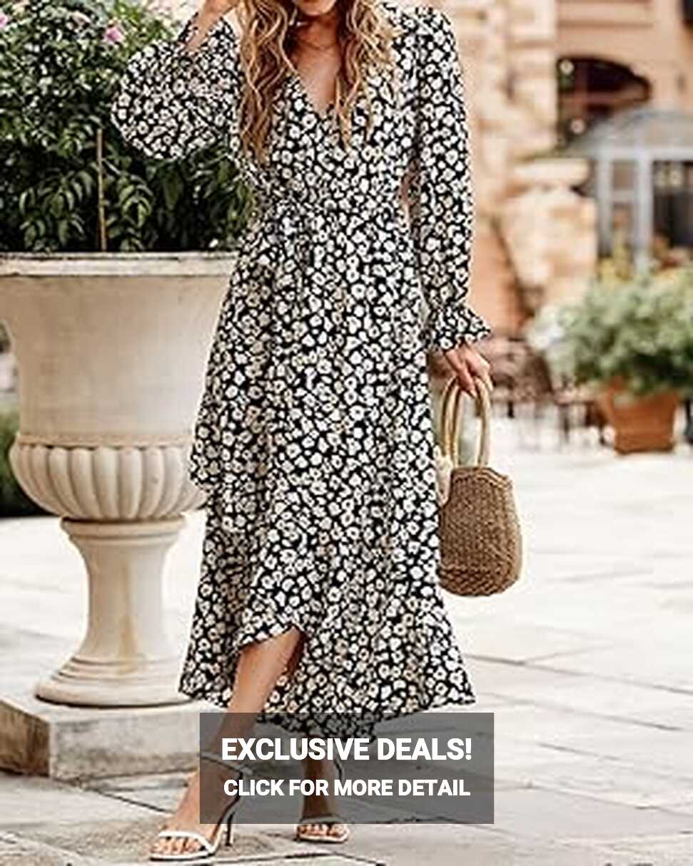 BTFBM Women Long Sleeve Wrap Maxi Dress V Neck Boho Floral High ...