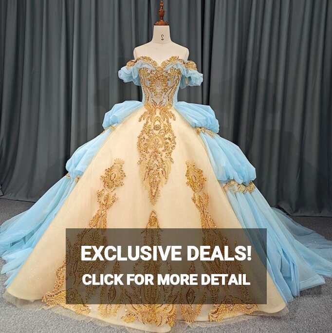 Baby Blue Gold Princess Quinceañera Dress – TulleLux Bridal Crowns ...