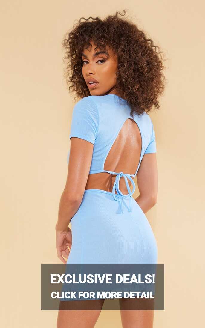 Baby Blue Short Sleeve Open Back Rib Bodycon Dress ...