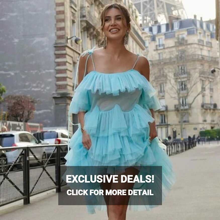 Baby Blue Tulle Dress Knee-length Ruffles Women&#39;s Dress Casual ...