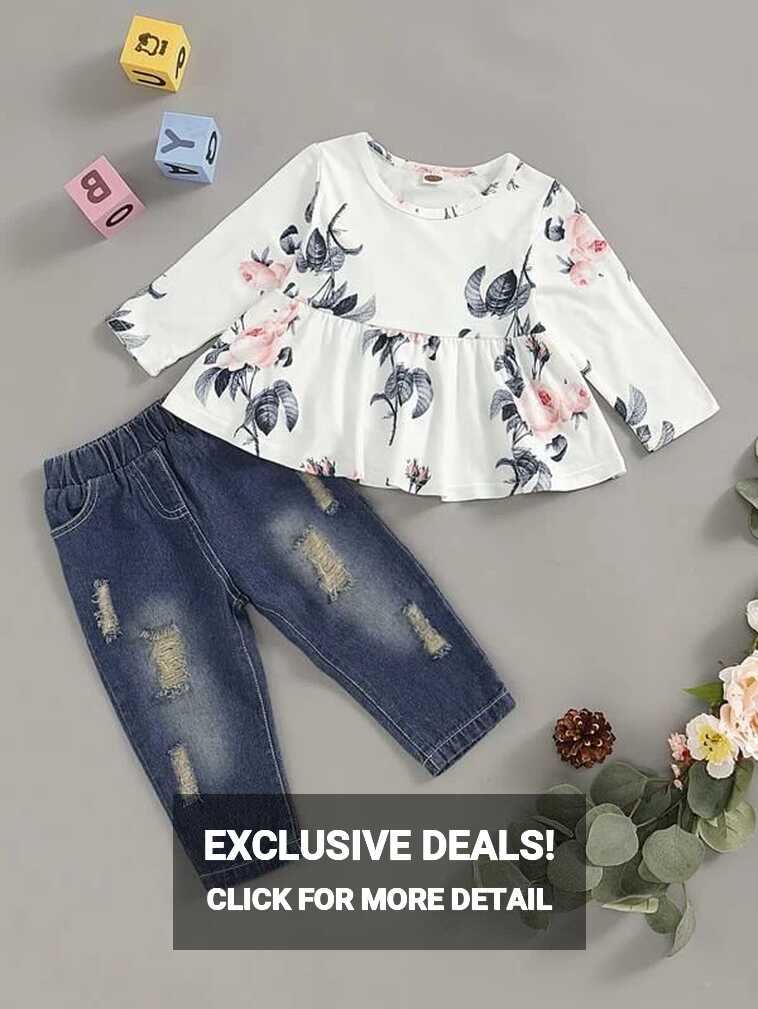 Baby Girl Floral Print Top &amp; Ripped Jeans