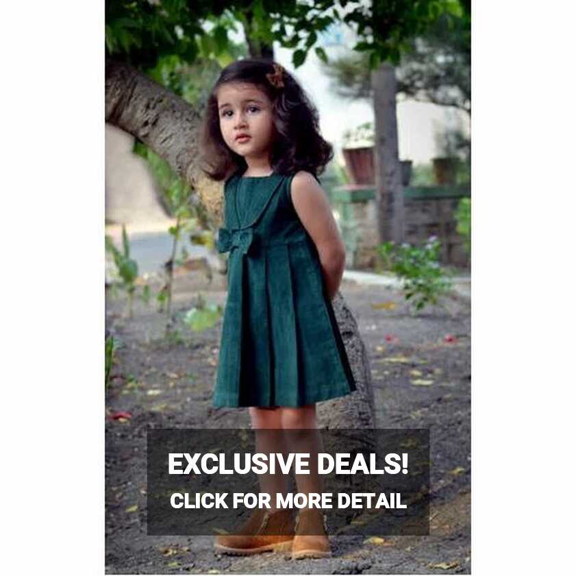 Baby Girl Plain Girls Green Plated Dress with Cute Attached Bow ...