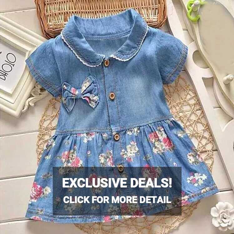 Baby Girls Floral Print Bowknot Short Sleeve Princess Denim Dress ...