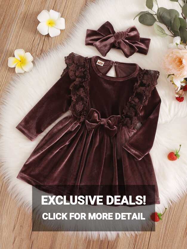 Baby Lace Ruffle Trim Bow Front Velvet Dress With Headband