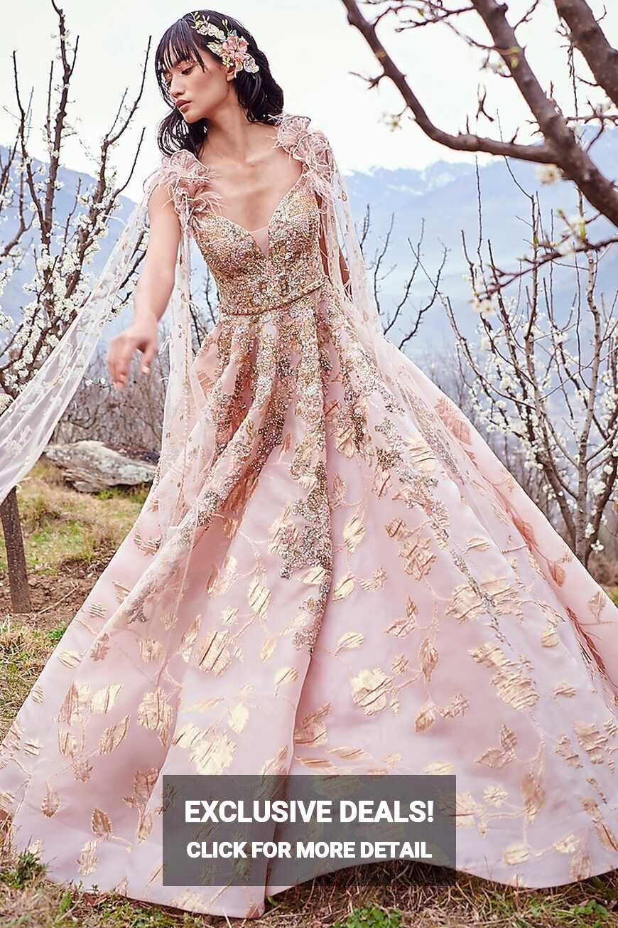 Baby Pink &amp; Gold Embroidered Bridal Gown Design by Dolly J at ...