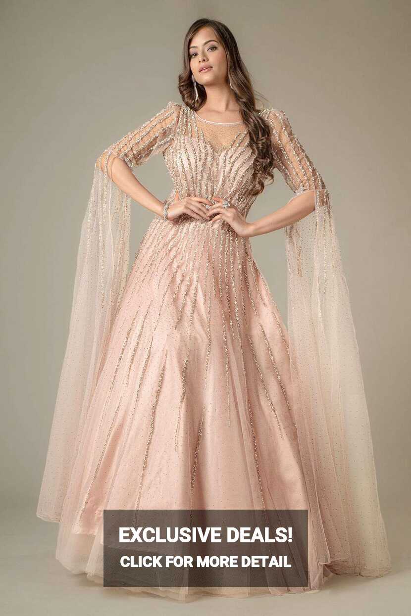 Baby Pink Flared Sleeves Net Gown