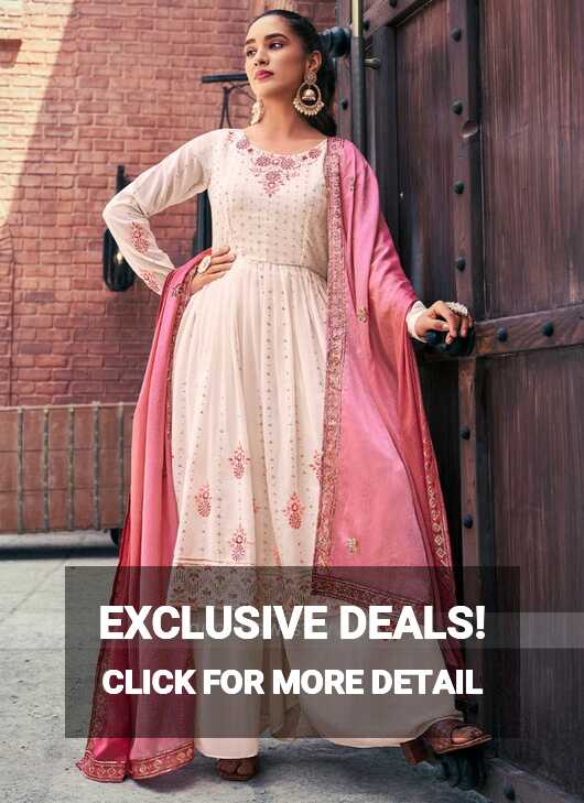 Baby Pink Georgette Embroidered Flared Kurti with Palazzo