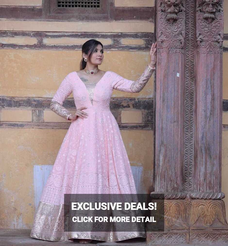 Baby Pink Party Wear Gown With Dupatta - Evilato